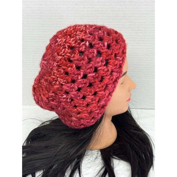 Beanie Hat Skull Cap Adult Teens Crochet Unisex Red White Handmade - Picture 4 of 7
